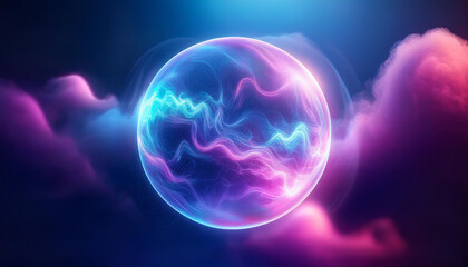 Wall Mural - abstract magical round energy sphere. glowing ball. neon blue and pink clouds on backdrop.