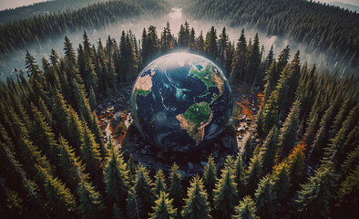 Wall Mural - large globe is in the middle of a forest. the globe is surrounded by trees and is the center of atte