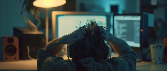 Wall Mural - programmer deeply engrossed in coding, illuminated by computer screens in a dimly lit workspace, con