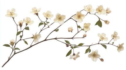 Wall Mural - Branch of delicate cotton flowers with soft petals and green leaves isolated on a white background showcasing natural beauty and elegance