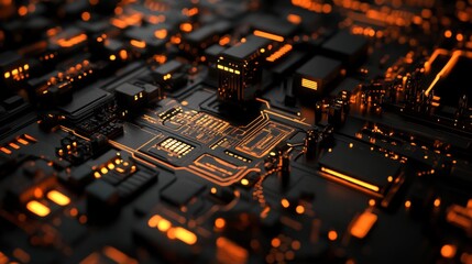 Poster - Futuristic Circuit Board with Glowing Orange Lights and Dark Background