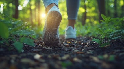 Leinwandbilder - A person walks along a dirt path in the forest, surrounded by lush greenery and illuminated by soft golden light from the setting sun.