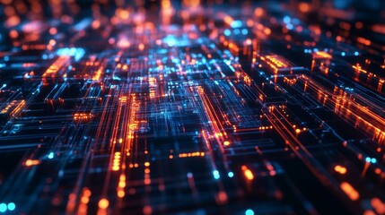 Aufkleber - Futuristic Digital Landscape with Glowing Lights and Lines