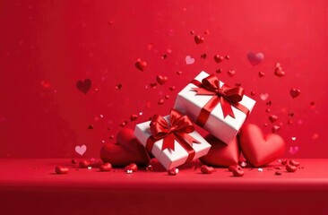 Wall Mural - Colorful volumetric banner for Valentine's Day in red colors with flying volumetric hearts and a gift box. Background for your advertising.