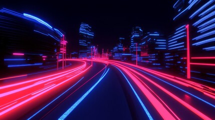 Poster - Neon Cityscape with Bright Light Trails and Urban Skyline Night