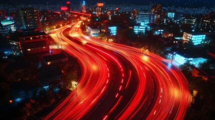 Fototapete - Vibrant Night Traffic Trails Over a Cityscape with Glowing Lights