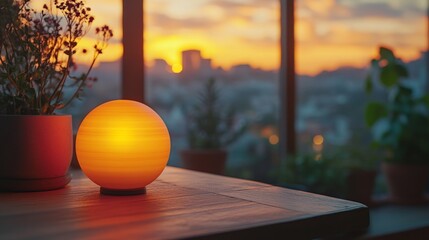 Poster - A round lamp casts a warm light on a wooden table adorned with potted plants. The vibrant sunset colors create a captivating skyline view through the window.