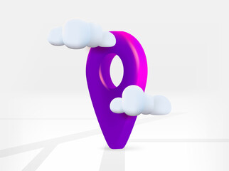 Poster - Violet map pin with road map and clouds. 3d vector isolated illustration
