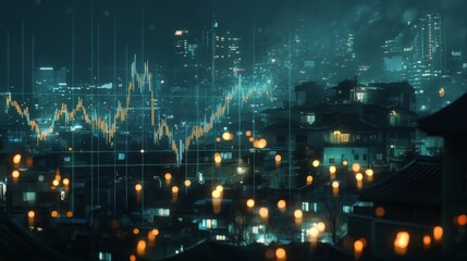 Fototapete - Night Cityscape with Stock Market Graphs and Urban Lights Display