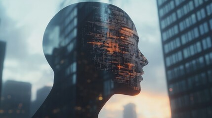 Wall Mural - abstract ai symbol double exposure with a silhouette against a city skyline representing technology 