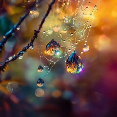 Dewdrops Adorn a Spiderweb on Moss in Sunlight