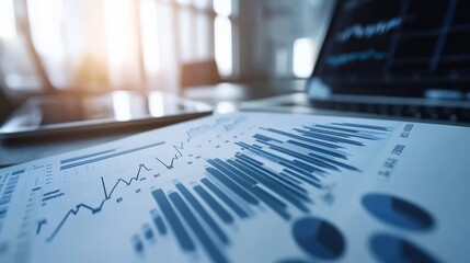 Fototapete - Modern Business Data Visualization with Graphs and Laptop Analysis