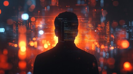 Aufkleber - Silhouette of a Person Against a Futuristic Digital Background