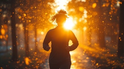 Leinwandbilder - As the sun sets among the autumn trees, a jogger moves along a path, surrounded by falling leaves and warm golden light, embracing the peaceful ambiance.