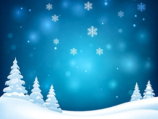 Poster - snowflake pattern on blue background fall with tree covered snow