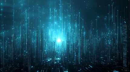 Fototapete - Ethereal Digital Cityscape with Glowing Blue Particles at Night