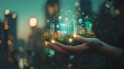 Aufkleber - Hand Holding a Futuristic Urban Cityscape with Digital Elements