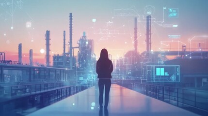 Poster - Woman Looking at Industrial Landscape with Futuristic Technology Overlay