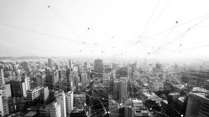 Poster - Urban Cityscape with Digital Network Connection Overlay Concept