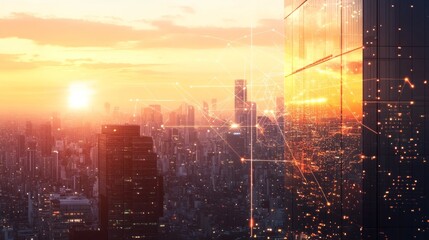 Aufkleber - Urban Cityscape at Sunset with Digital Connectivity Effects