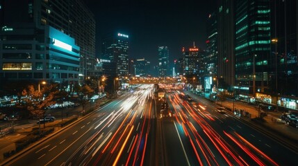 Poster - Night Traffic Flow in Urban Cityscape with Skyscrapers and Lights