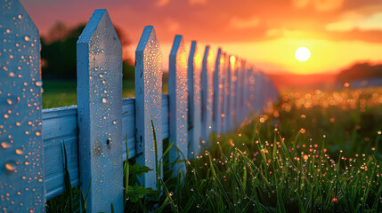 Wall Mural - white fence with a sun in the background.