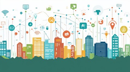 Aufkleber - Urban Landscape with Digital Connectivity Icons and Symbols
