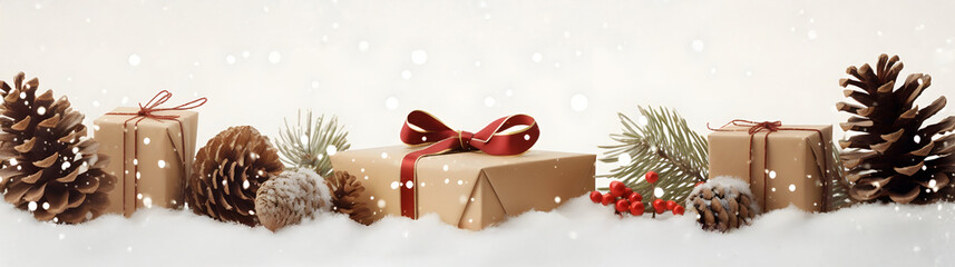 Wall Mural - rustic christmas gifts with brown ribbons, pine cones, spruce and fir branches and decorations in a 