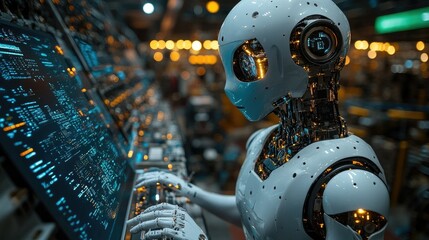 A humanoid robot interacts with a high-tech computer interface in a futuristic setting.