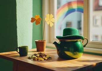 A pot of gold, a green hat, and a rainbow on a table for st patricks day celebration