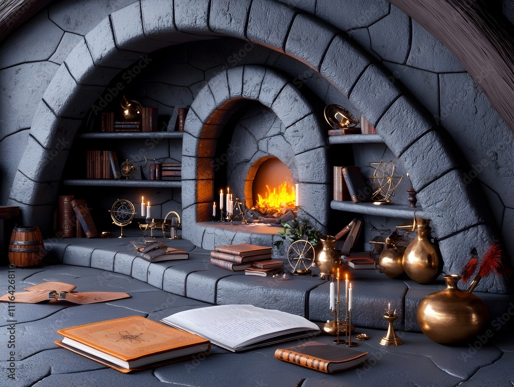 Vast and labyrinthine wizards study cluttered with arcane scrolls brass ...