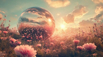 Wall Mural - Mirrored sphere reflecting sunset in a field of pink flowers.