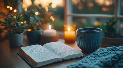 Aufkleber - A tranquil indoor setting reveals a cozy space with an open book, flickering candles, a steaming cup, and vibrant plants, all illuminated by soft twilight.