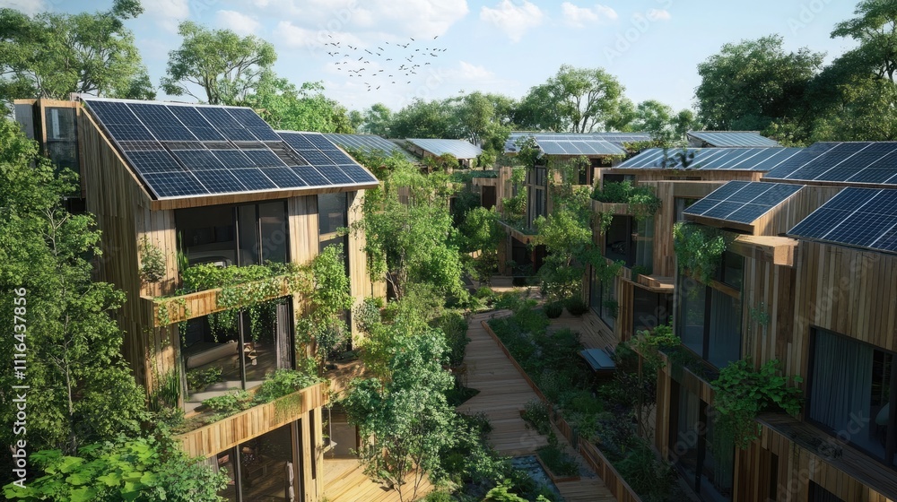 Eco-friendly village with solar panels on wooden houses, lush greenery ... - Rural Village Eco Friendly Building