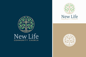 Nature Wild Vines Plant Flower with Christian Cross Crucifix for Church Community logo design