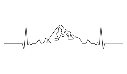 Wall Mural - Mountain landscape hand drawn with heartbeat symbol continuous one line vector illustration