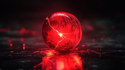 Canvas Print - Glowing red sphere with cracks on dark surface.