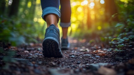 Aufkleber - A hiker walks along a narrow dirt path in a lush forest, the warm sunlight filtering through the trees in the late afternoon.