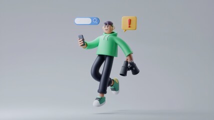 Fototapete - 3D character explores online with smartphone and binoculars.