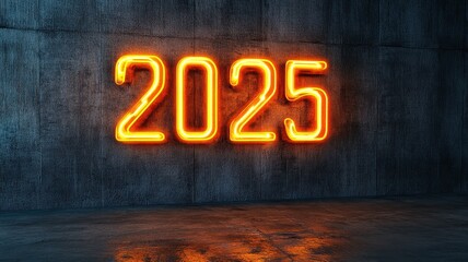 Canvas Print - bold neon typography displaying 2025 in dark industrial space abstract design high-contrast lighting
