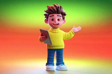 Poster - A cheerful 3D cartoon boy in a yellow sweater holds a tablet and gestures invitingly.