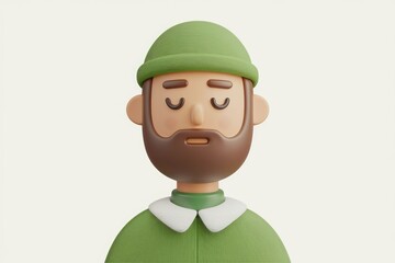 Fototapete - 3D render of a calm bearded man wearing a green beanie and jacket.