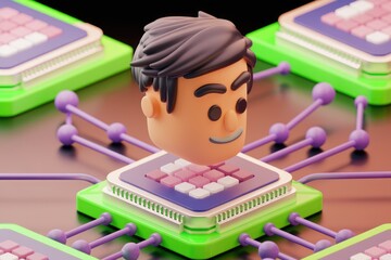 Poster - 3D render of a cartoon man's head connected to a CPU  symbolizing AI or human computer interaction.
