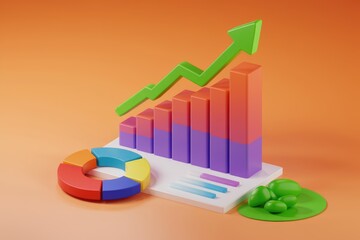 Poster - Colorful 3D bar chart and pie chart showing upward trend  indicating growth and success.