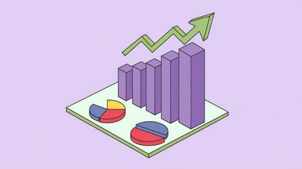 Aufkleber - Isometric illustration of a bar graph and pie charts showing upward growth trend.