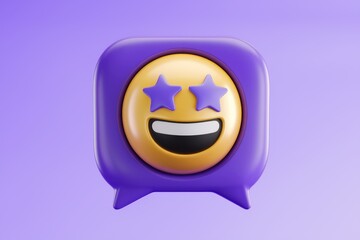 Poster - A 3D rendering of a happy emoticon with stars for eyes inside a purple speech bubble.
