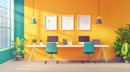 Wall Mural - Sunlit modern office interior with two desks, computers, plants, and yellow walls.