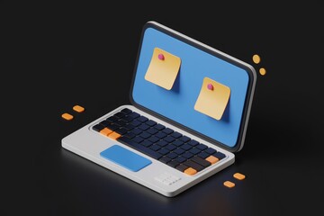 Poster - A 3D rendered laptop with two sticky notes on the screen  representing task management or reminders.