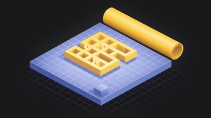 Fototapete - 3D grid with maze and cylinder in isometric illustration.