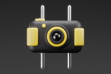 Aufkleber - A stylized 3D render of a camera  black with yellow accents  on a dark background.